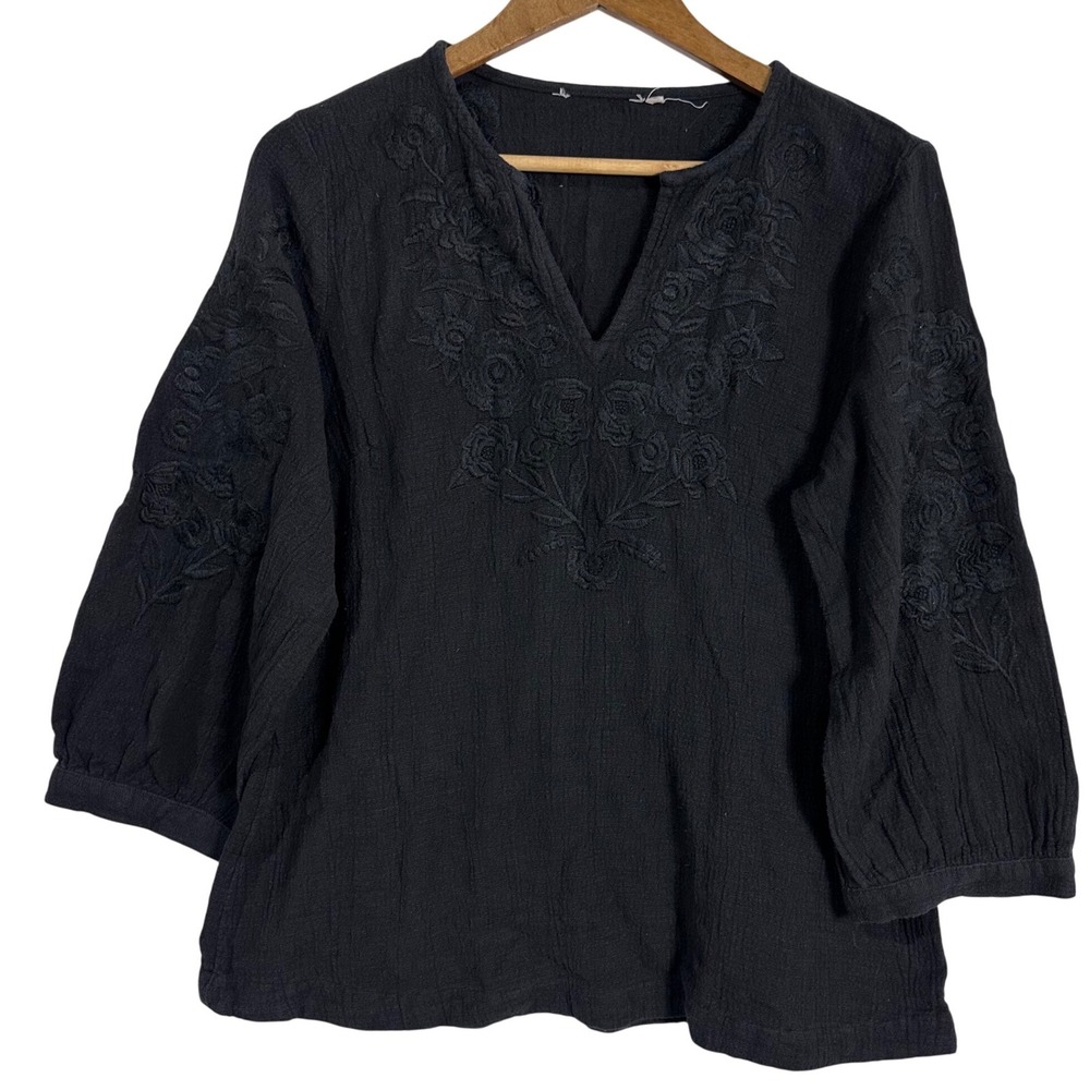Soft Surroundings Black Cotton Gauze Embroidered Boho beachy chic Blouse natural